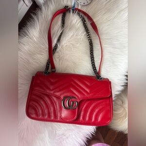 Red Quilted Shoulder Bag with Chain Strap